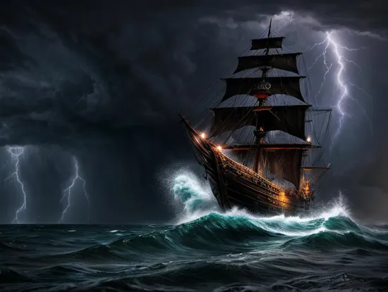 an old rickety worn out pirate ship out at sea with tethered sails. it's a sailing into a hurricane with lightning and tornadoes and waves everywhere. it is pouring down rain. it was dark and scary. there seems to be a giant monster off in the distance screaming into the black sky.