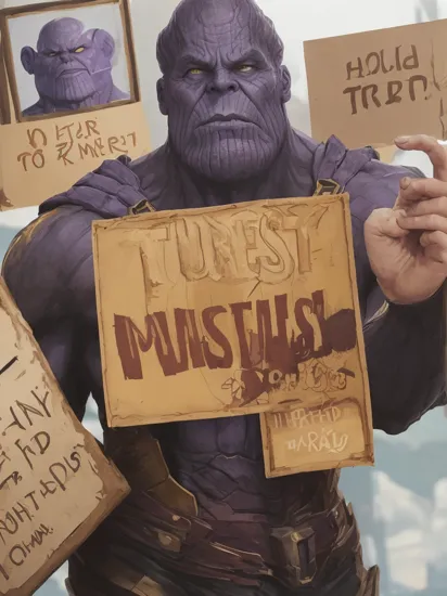 Masterpiece,High Quality,
  PEMugShot,holding a sign,
thanos
