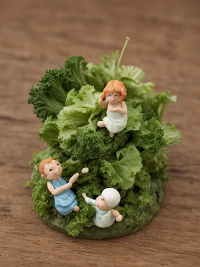 a couple of figurines sitting on top of a pile of green vegetables, miniature photography closeup, miniature photography, diorama macro photography, scale model photography, miniature world, super realistic food picture, amazing food illustration, tiny people devouring food, food art, culinary art photography, amazing food photography, celery man, 4k polymer clay food photography, made of food