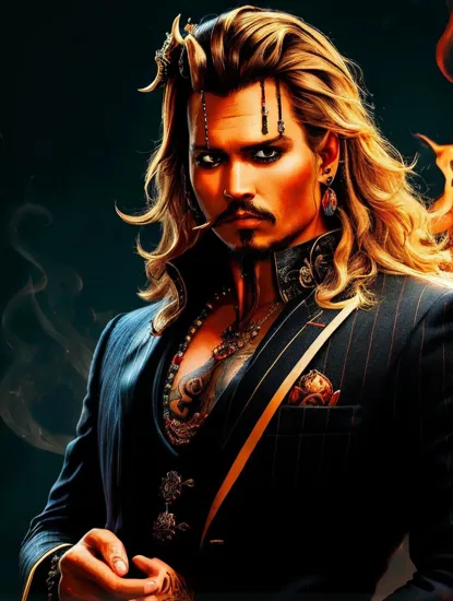 Johnny Depp, Smoldering gaze @JohnnyDepp, tousled blond hair, ((pinstripe suit)), tattooed arms with dragon designs, smoky background with dragon motif, confident stance, accented by orange tones, ((pierced ear)), dangling earring, intense expression, cigarette in mouth, the embodiment of suave and dangerous, detailed artwork, anime style, vibrant and fiery color scheme, imposing presence, stylish antihero vibe.