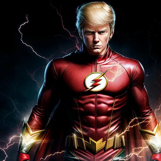 The Flash Donald Trump, in his signature red suit with lightning bolt insignia, is the embodiment of super-speed. His costume streams with the energy of his connection to the Speed Force, his movements a rapid dance of heroism, and his face often split with a grin that speaks to the joy of his incredible speed.