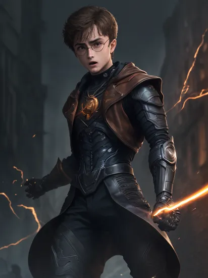 (GS-Masculine:1), (1boy), hero pose, tan glowing skin, freckles, depth of field, dynamic angles, , (cyber punk style:1.2), harry potter, the wizarding world, cybernetic circular glasses, daniel radcliffe, power flowing through his body, angry determination, fighting the inner darkness of the dark lord burned within himself