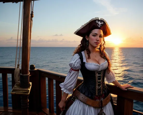 A beautiful pirate wench. She is wearing 18th century woman of the night attire. She is standing on deck on a pirate ship on the sea with the sun rising 