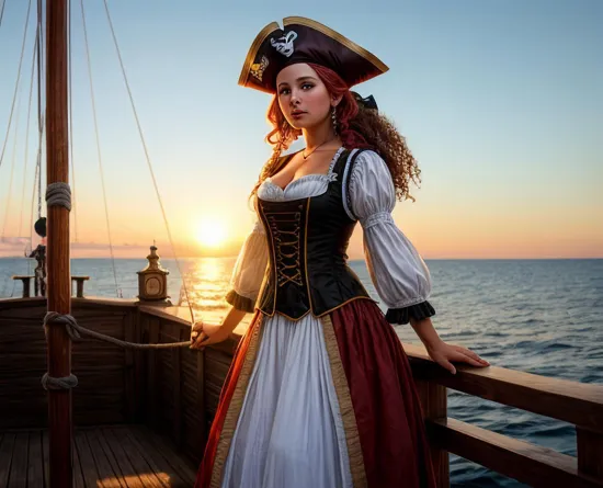 A beautiful pirate wench. She is wearing 18th century woman of the night attire. She is standing on deck on a pirate ship on the sea with the sun rising 