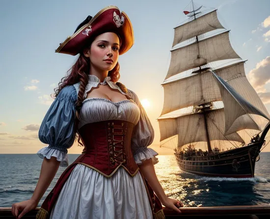 A beautiful pirate wench. She is wearing 18th century woman of the night attire. She is standing on deck on a pirate ship on the sea with the sun rising 