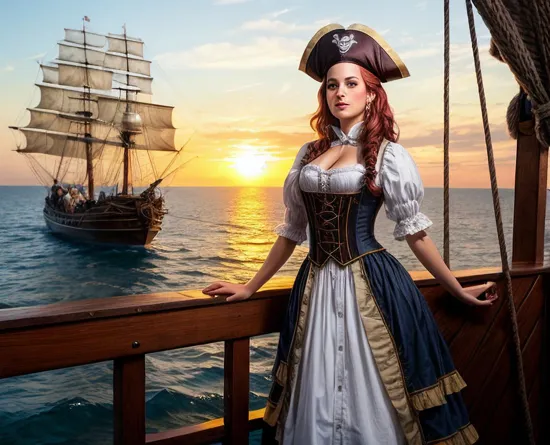 A beautiful pirate wench. She is wearing 18th century woman of the night attire. She is standing on deck on a pirate ship on the sea with the sun rising 