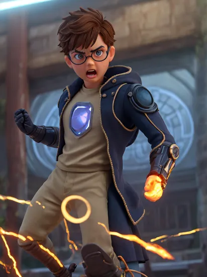 (GS-Masculine:1), (1boy), hero pose, tan glowing skin, freckles, depth of field, dynamic angles, , (cyber punk style:1.2), harry potter, the wizarding world, cybernetic circular glasses, power flowing through his body, angry determination, fighting the inner darkness of the dark lord burned within himself