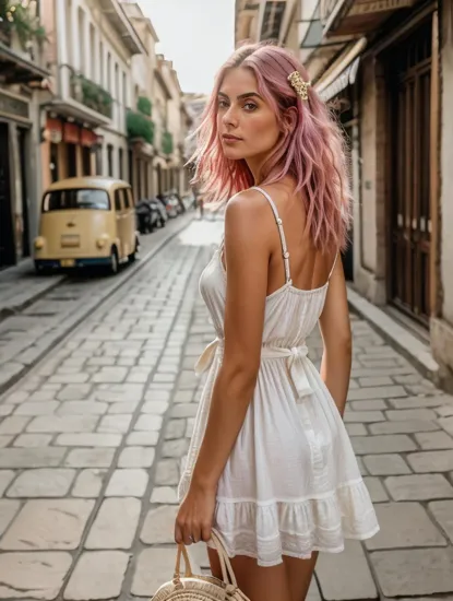 Bohemian @CVNeo with pink hair, white bow accent, sleeveless dress, straw bag with cherry detail, narrow European street, sunlit with soft shadows, backlit, mid-shot, encapsulating a relaxed summer in the city atmosphere.