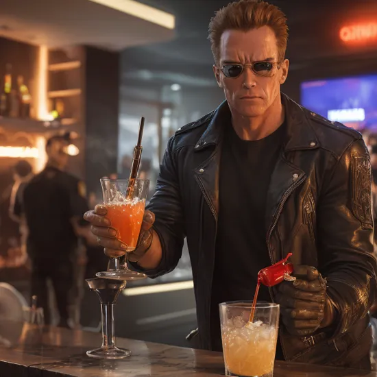 terminator serving drinks at a party, highly detailed