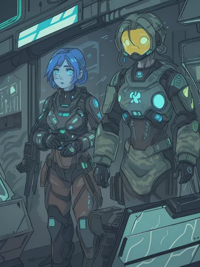 Two people, (glowing tattoos hologram Cortana) and (military camouflage colored enhanced Master Chief), reimagined in a cyberpunk universe, fighting against a group of robots, cyberpunk, cyberpunk art style, cyberpunk surroundings, glowing multicolored neon lights, raining, lightning, cinematic scene, detailed background, masterpiece, best quality, high quality, highres, absurdres, 16k resolution   