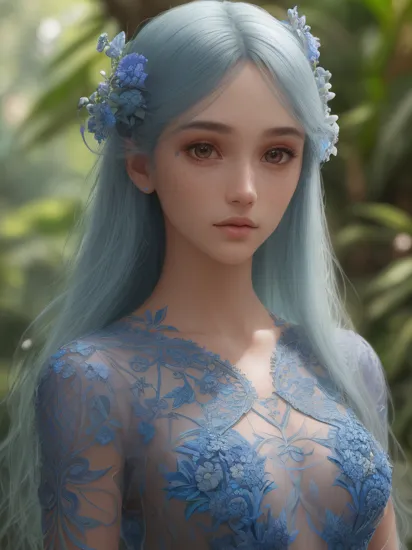fashion photography portrait of blue human avatar, in blue lush jungle with flowers and birds, 3d render, cgi, symetrical, octane render, 35mm, bokeh, 9:16, (intricate details:1.12), hdr, (intricate details, hyperdetailed:1.15), (natural skin texture, hyperrealism, soft light, sharp:1.2) <lora:Nyusha_v1:0.7>