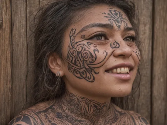 Positive prompt:
Street photography in a new zealand Maori village, reportage, light shaft in a crowded street, (half-body:1.2 shot) a Polynesian woman in a doorway (gazes away:1.3), grimace, laughing, 35mm photograph, film, (facial tattoo:1.2), professional, 4k, highly detailed.  designed, atmospheric cinematic lighting, vivid colors, detailed skin texture, detailed cloth texture, strong light, light and shade, intricate sharp details,  saturated colors, beautiful detailed perfect face, intricate sharp details, ultra high res, (masterpiece, high quality, deep shadows:1.3), Extremely high-resolution details, photographic, realism pushed to extreme, old wood, flaky paint, Street photography in a new zealand Maori village, reportage, light shaft in a crowded street, (half-body:1.2 shot) a Polynesian woman in a doorway (gazes away:1.3), grimace, laughing, 35mm photograph, film, (facial tattoo:1.2), laughing, 35mm photograph, film, (motion blur:1.2), professional, 4k, highly detailed.  designed, atmospheric cinematic lighting, vivid colors, detailed skin texture, detailed cloth texture, strong light, light and shade, intricate sharp details,  saturated colors, beautiful detailed perfect face, intricate sharp details, ultra high res, (masterpiece, high quality, deep shadows:1.3), Extremely high-resolution details, photographic, realism pushed to extreme, old wood, flaky paint