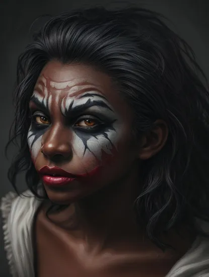 dark skin,Art, reinvented, An alternative version of the Joker, A vibrant digital painting. vivid colors. American comic book cover art, 8k resolution. Extremely detailed. Award winning, ,holding a large butchers knife, girl, crazy eyes, tsundere, large knife, rain, long hair,white makeup