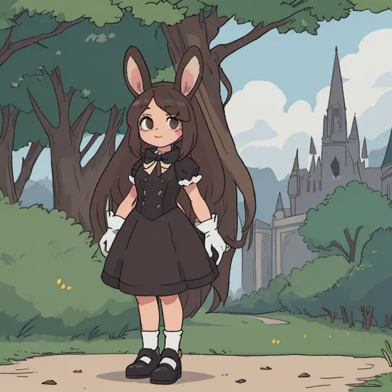 , masterpiece, best quality, 1girl, solo,  gloves, dress, ribbon, animal ears, brown eyes, jewelry, standing, full body, shoes, socks, white gloves, black footwear, rabbit ears, black dress, capelet, mary janes, furry, rabbit girl, furry female, black capelet, animal nose, gothic, cream the rabbit , sonic the hedgehog \(series\), solo, outside, forest, trees, clouds, day time, detailed background, uploaded on e621, (by Homogenousrule, by Wildering, by Foxovh, by Catcouch),  detailed body fur