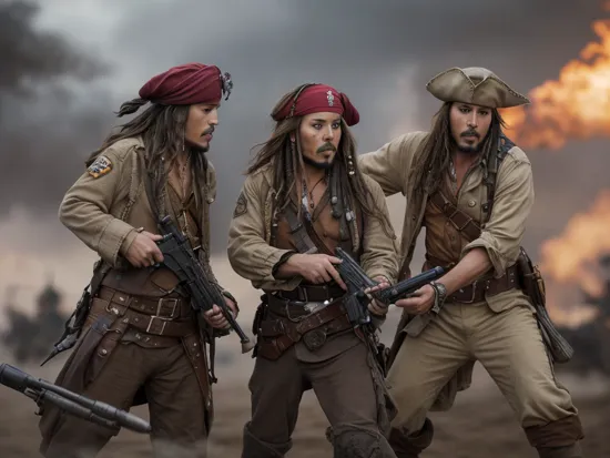 photo of, tilt-shift shot, man soldier, and Captain Jack Sparrow duels fighting with British soldier,  n3wp1r4t3, gun shooting, smoke, gun fighting, on deck, extremely detailed face eyes hands, perfect hands