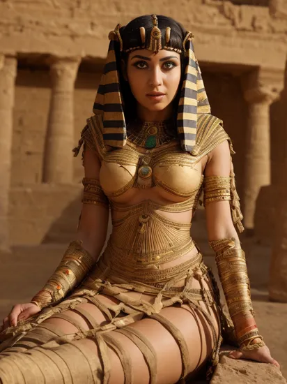  Cleopatra in an egyptian (mummy costume:1.1), (bandages:1.2), halloween costume, desert oasis, pyramdis, detailed, sharp, HD, HDR, masterpiece, best quality, best resolution, splashscreen, cinematic lighting, depth of field, epic, dramatic, sfw, full outfit