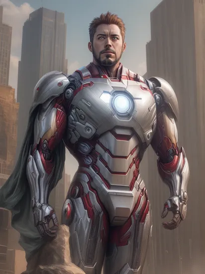 ral-chrome, marvel iron man, heavy armor suit, looking at viewer, in front of huge cyberpunk building 