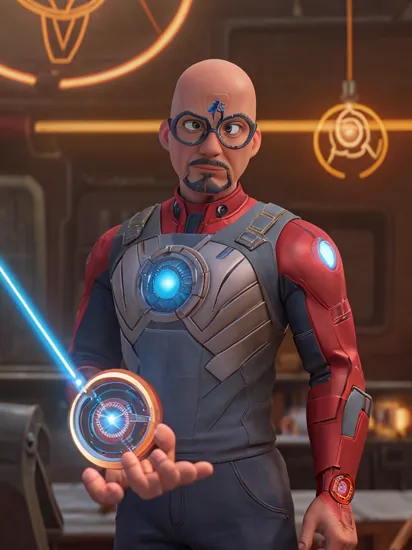 cinematic action-packed photo of (bald:1.3) tony Stark from iron man but in soviet union,stands near the workbench,poor engineer wearing glasses,wearing dirty soviet man white and blue striped singlet,(glowing Arc Reactor in His Chest:1.3),Russian prison tattoo on the shoulder,35mm photograph,film,soviet interior,professional,4k,highly detailed,night,,,