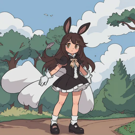 5 fingers, perfect hands,  masterpiece, best quality, 1girl, solo, gloves, dress, ribbon, animal ears, brown eyes, jewelry, standing, full body, shoes, socks, white gloves, black footwear, rabbit ears, black dress, capelet, mary janes, furry, rabbit girl, furry female, black capelet, animal nose, gothic, cream the rabbit, sonic the hedgehog \(series\), solo, outside, forest, trees, clouds, day time, detailed background, uploaded on e621, (by kekitopu), detailed body fur,  