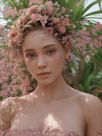 fashion photography portrait of pink human avatar, in pink lush jungle with flowers and birds, 3d render, cgi, symetrical, octane render, 35mm, bokeh, 9:16, (intricate details:1.12), hdr, (intricate details, hyperdetailed:1.15), (natural skin texture, hyperrealism, soft light, sharp:1.2),whole body,naked,