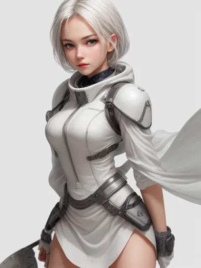 master, chief , best quality, high quality, highres, high detail, rich details, 
(white background), simple background,
1girl, snow white,
grey eyes, white hair, blood on clothes, white clothes, 
full body, sexy, active pose, random pose,   