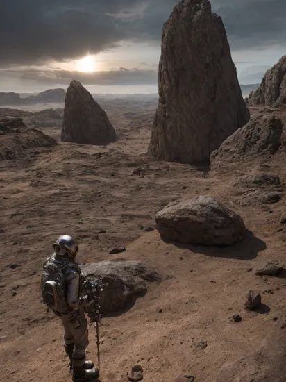 landscape photography of an explorer on a metallic asteroid looking at an alien planet in background, photorealistic, scenery,absurdres,hyper-realistic lifelike texture dramatic lighting unreal engine trending on artstation,award-winning photo,Nikon RAW photo,8k,masterpiece, best quality, cinematic