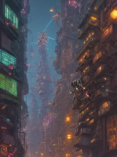 cybernetically enhanced donkey kong climbing a giant tower in a cyberpunk city,cyberpunk,masterpiece,absurdres,science fiction, detailed,best quality,vivid colors,neon lights,cybernetic,cybernetic implants,bionic limbs