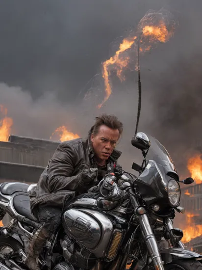 Action Films arnold as t800 terminator chrome skin,in san francisco, polished metal, cable, raining, explosion, smoke, fire, black leather jacket, riding a walz,,, Action Films, often for intense sequences, heroic characters, or adrenaline-fueled excitement.