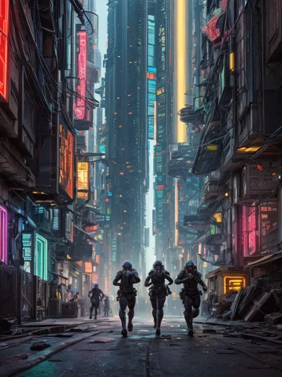 Two people, Cortana and Master Chief running away from an explosion in a colorful cyberpunk city, explosion in the background, reimagined in a cyberpunk universe, cyberpunk cityscape, cyberpunk, cyberpunk style, glowing neon lights, detailed background, masterpiece, best quality, high quality, absurdres, vivid 
