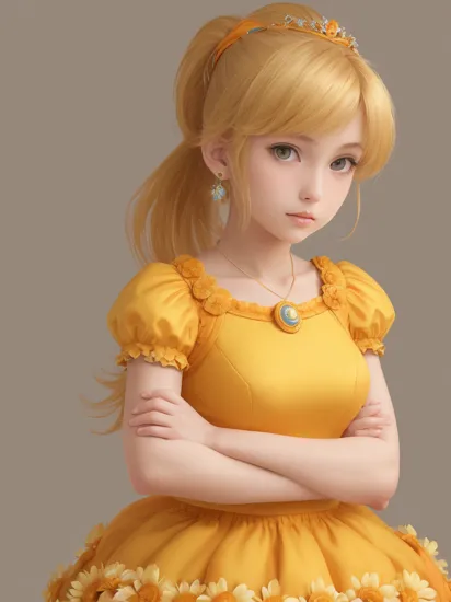 (samus aran) dressed in (puffy yellow and orange daisydress), (ponytail, hair tie), (puffy short sleeves, jewelry, dress, princess crown, flower brooch), masterpiece, best quality, 1girl, (perfect face, beautiful face, symmetric face)