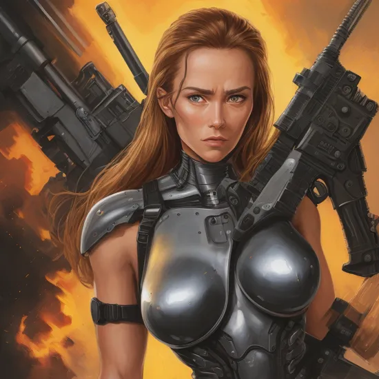 terminator woman, with a lot body scratched, with weapons, in color, highly detailed