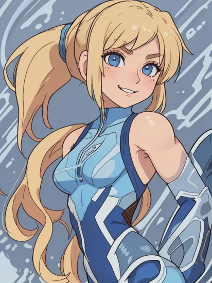 1girl, solo, samus aran, (((portrait))), (((upper body))), iranon-17400, detailed face, detailed eyes, ((blonde hair)), ((blue eyes)), intricate details, smile, closed mouth, (((zero suit))), ((tight)), (ponytail), round pupils, ((cartoon)), (((muscular female))), closed mouth, seductive smile, looking at viewer, samdoesart, modelshoot style, nvinkpunk, realistic,
