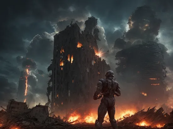 apocalypse buildings in ruins destroyed, explosions in the background, night sky,  full body shot (Realisitc:1.5) man terminator firing laser gun, 