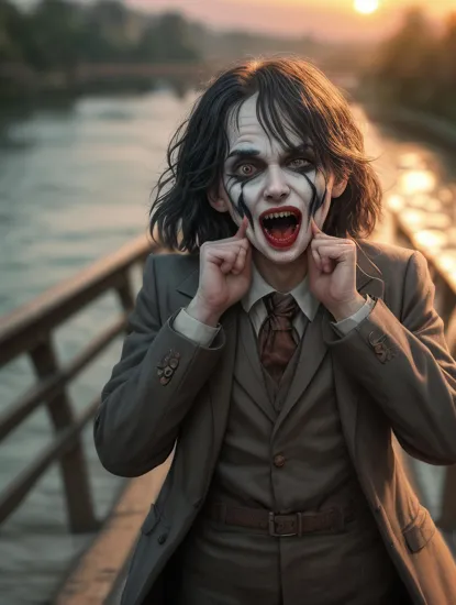 masterpiece,best quality,Ultra HD,extremely detailed cg,flat 2d vector art,
Joker\(character\) in the picture "the scream" (both hands on own cheeks),inspired by THE SCREAM painting,(surprised face:1.2),
standing on a river bridge at sunset,insane details,award-winning composition,,,