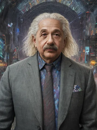 Hyperrealistic art (Albert Einstein:1.2) reimagined as living in (Night city:1.2), wearing his iconic suit turned hi-tech, digital art, intricate cybernetic implants, machines, holographic displays, and cyberpunk art in the style of Dan Mumford and Alex Grey, 8k, (best quality:1.4), (realistic:1.4), detailed, detailed background, insanely detailed, (masterpiece:1.4), absurd res, HDR, Extremely high-resolution details, photographic, realism pushed to extreme, fine texture, incredibly lifelike,  , 8k, (best quality:1.4), (realistic:1.4), detailed, detailed background, insanely detailed, , (masterpiece:1.4), absurd res, HDR