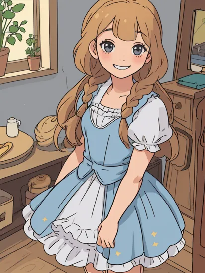 best quality, ultra-detailed, (1girl, solo,<lyco:little_my_cinderella-v1:1>, littlemycinderella, tri braids,  standing, smile), indoors