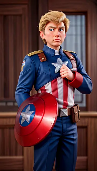 Captain America Donald Trump, his uniform a patriotic mix of red, white, and blue, with a star centered on his chest. His shield, both a defensive and offensive weapon, is a testament to his unyielding spirit and dedication to protecting freedom and justice.