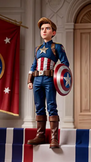 Captain America Donald Trump, his uniform a patriotic mix of red, white, and blue, with a star centered on his chest. His shield, both a defensive and offensive weapon, is a testament to his unyielding spirit and dedication to protecting freedom and justice.