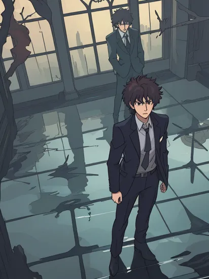 Anime, Rain-soaked and timeless, a cathedral serves as the final confrontation point for Spike Spiegel and Vicious. Water reflects their silhouettes, gunshots echoing like a haunting chorus. Their shared past plays out in fragmented memories, as stained glass windows fracture from the intensity of their duel.