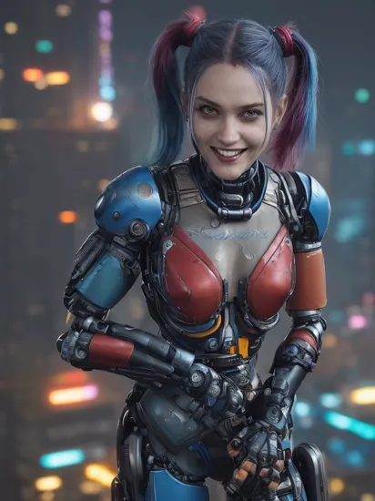 a portrait photography of (harley quinn:1.1) with ((blue and maroon dyed unkempt and messy hair and (two top ponytails on both sides of the head:1.1)), (having bionic arms:1.5) from cyberpunk 2077 game, face tattos, (maniacal grin showing teeth:1.1), holding a visible metal high striker hammer behind her head, ((standing on top of building with a neon bokeh city in the background at night with neon flying cars)), rugged looking, ((looking at viewer)), action pose, (wearing cyberpunk style ((blue neon suit-like cyborg armor))), (perfect eyes:1.1),  perfect iris, identical eyes, identical iris, face to body proportion, golden ratio, symmetrical eyes, symmetrical iris, balanced eyes, sharp eyes, realistic eyes, perfect fingers