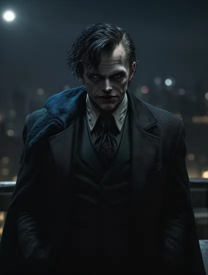 (((masterpiece))),(best quality),((ultra-detailed)),
Batman Joker action scene in the middel of a huge dark city,comic style,cold colors,blue tones,,