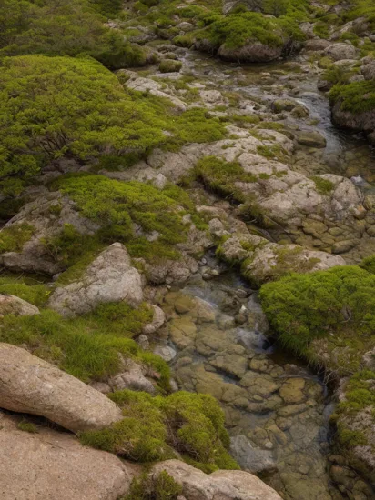 ,Rocks moss grass valley landscape photography 4k photo hyper realistic looking down a scene in a valley view, using a high-quality digital camera to ensure every adorable detail, in the style of Annie Leibovitz,Fujifilm XT3,
