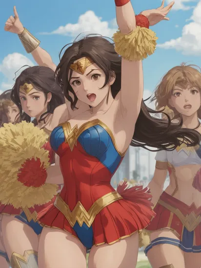 Anime artwork. Wonder Woman as a Cheerleader,  lifting pompoms into the air,  jumping excitedly with friends,  StdGBRedmAF,  Studio Ghibli, 
Negative prompt: Bad art,  ugly,  text,  watermark,  duplicated,  deformed
Steps: 30, Sampler: DPM++ 2M Karras, CFG scale: 7.0, Seed: 2512966086, Size: 832x1216, Model: sd_xl_base_1.0: 3e70778307a7", Version: v1.6.0.75-beta-4-4-gb3d76ba, TaskID: 659088780552281726