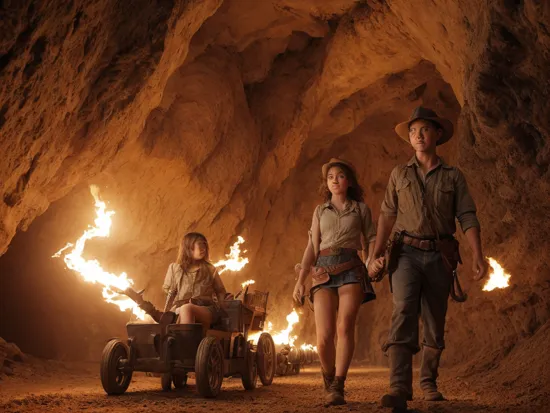 (best quality, high quality:1.3), cg, dramatic lighting, highly detailed, bokeh, 2girls, 1boy, height difference, Indiana Jones theme, riding a mining cart, train track, cave, torches, action adventure, dynamic pose