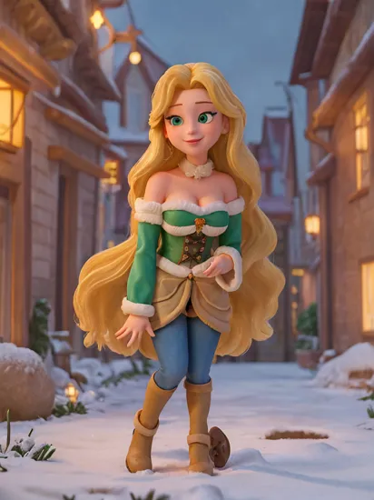 (best quality, masterpiece), rapunzel, 1girl, long hair, breasts, looking at viewer, blonde hair, cleavage, medium breasts, green eyes, thick eyelashes, vivid colors, night, night time, fur lined winter coat, denim jeans, black corset, bare shoulders, navel, snowing, snow, paper lantern, backlight, dramatic lighting, bokeh background, glitter, tree lined city street, brush strokes, oil painting, light smile , hands on own knees, 