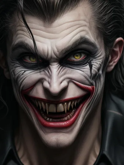 Hybrid between The Batman and The Joker, evil maniacal laughter, evil grin, evil eyes, sharp inhuman fangs, half body portrait of Batman who laughs, looks at himself in a broken mirror, in the style of Todd Phillips, in dynamic, atmosphere of darkness and horror, dramatic light, highly detailed, packed with hidden details, hyper realistic, in the style of illusory wallpaper portraits, colorful realism, realistic attention to detail, highly detailed, intense close - ups, uhd image, realism, colorful realism, UHD, 8K