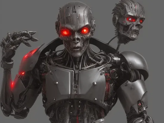 mtompunk, terminator, Frankenstein, a humanoid robot with red eyes