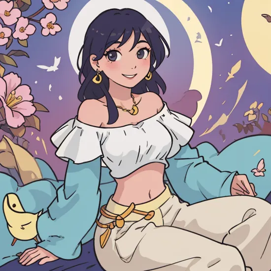 jasmine, solo, looking at viewer, smile, shirt, bare shoulders, jewelry, sitting, full body, flower, earrings, translucent pants, off shoulder, crop top, makeup, bird,  moon, full moon, off-shoulder shirt 