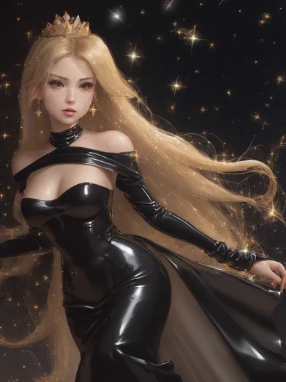 professional detailed (full body) photo, (samus aran:1.2) dressed in (latex (Rosalina off-the-shoulder black dress:1.2), (long straight blonde hair), (jewelry, black off-the-shoulder dress, princess crown, jewel brooch, long wide sleeves), (perfect face, beautiful face, symmetric face), (shiny glossy translucent clothing, gleaming oily latex fabric :1.1), (sparkles, sparkling hair, sparkling clothes, sparkles around face:1.3), high heels,
8k, RAW photo, photo-realistic, masterpiece, best quality, absurdres, incredibly absurdres, huge filesize, extremely detailed, High quality texture, physically-based rendering, Ray tracing,