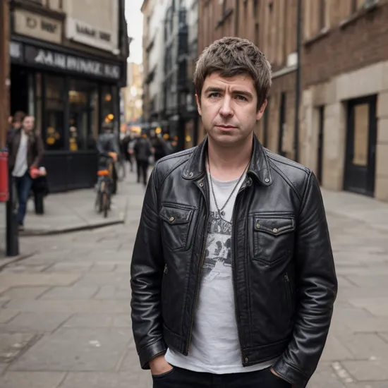 Noel Gallagher, a man in old leather jacket loos aside on some distant object with a serious look on his face, in style of street photography, professional photographic settings, cinematic lighting, dynamic angles, best quality, top quality, high resolution ultra-high definition, 8k, 4k,